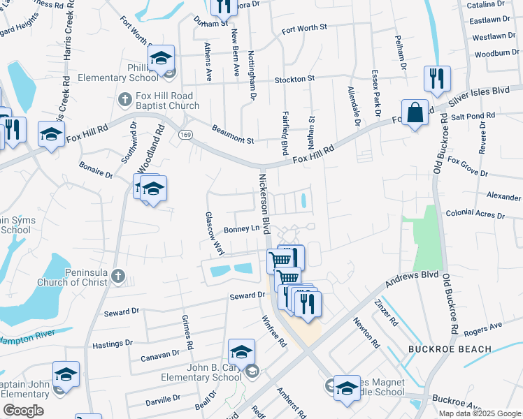 map of restaurants, bars, coffee shops, grocery stores, and more near 16 Aster Way in Hampton