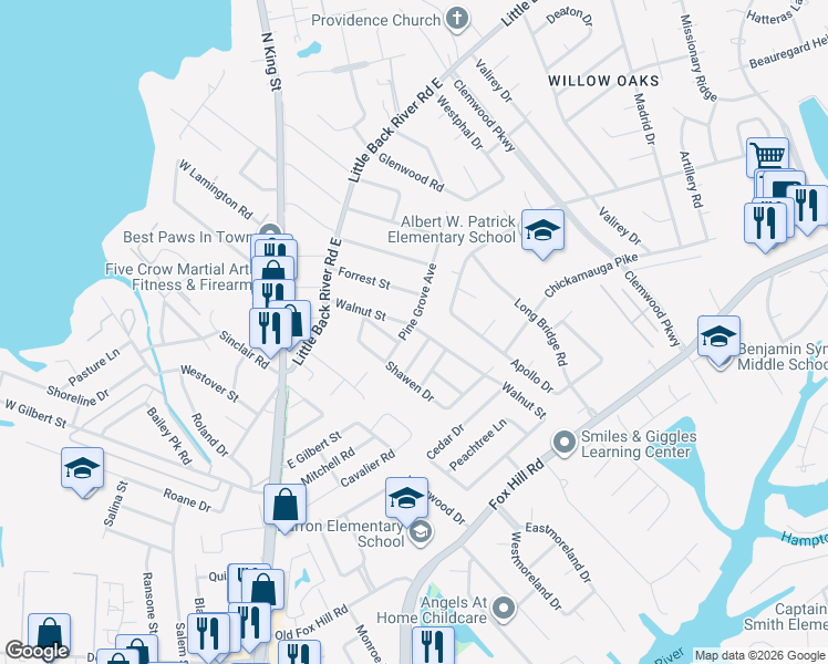 map of restaurants, bars, coffee shops, grocery stores, and more near 111 Pine Grove Avenue in Hampton