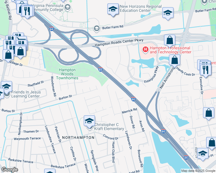 map of restaurants, bars, coffee shops, grocery stores, and more near 344 Bromsgrove Drive in Hampton