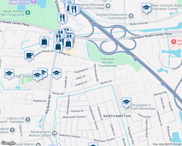 map of restaurants, bars, coffee shops, grocery stores, and more near 702 Soho Street in Hampton