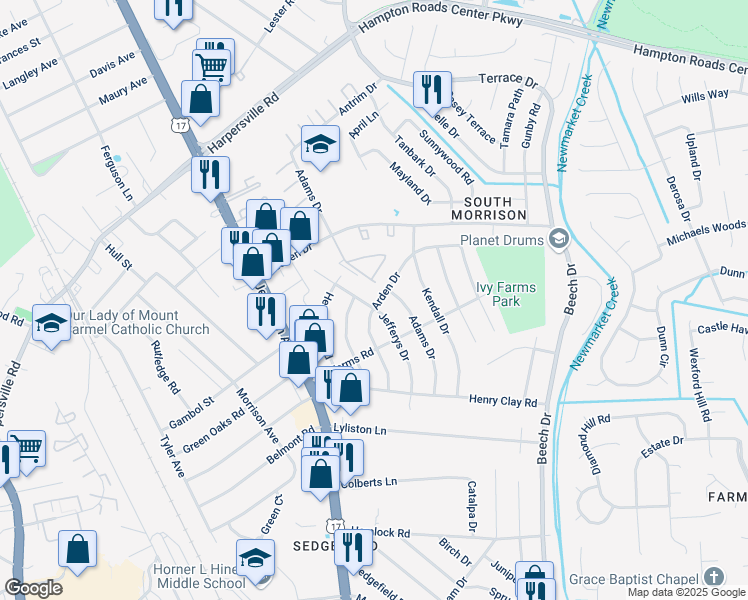 map of restaurants, bars, coffee shops, grocery stores, and more near 88 Arden Drive in Newport News