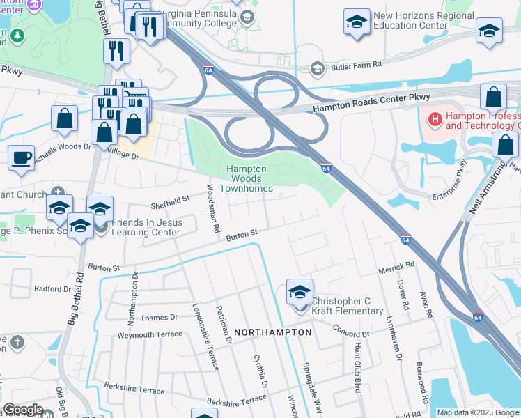 map of restaurants, bars, coffee shops, grocery stores, and more near 9 Raintree Drive in Hampton