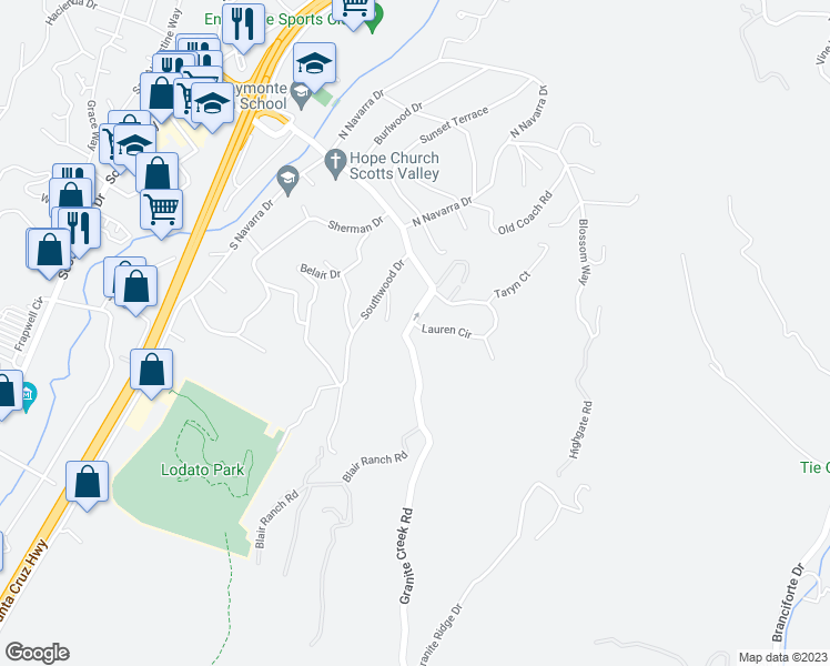 map of restaurants, bars, coffee shops, grocery stores, and more near 131 Lauren Circle in Scotts Valley