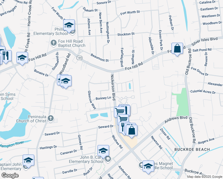 map of restaurants, bars, coffee shops, grocery stores, and more near 16 Aster Way in Hampton