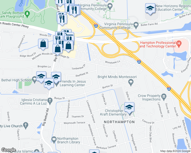 map of restaurants, bars, coffee shops, grocery stores, and more near 17 Woodsman Road in Hampton