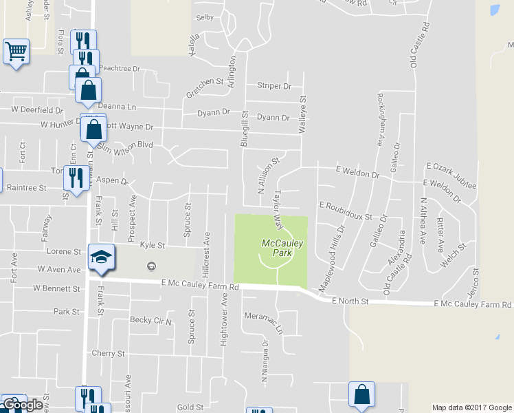 map of restaurants, bars, coffee shops, grocery stores, and more near 795 East Roubidoux Street in Nixa