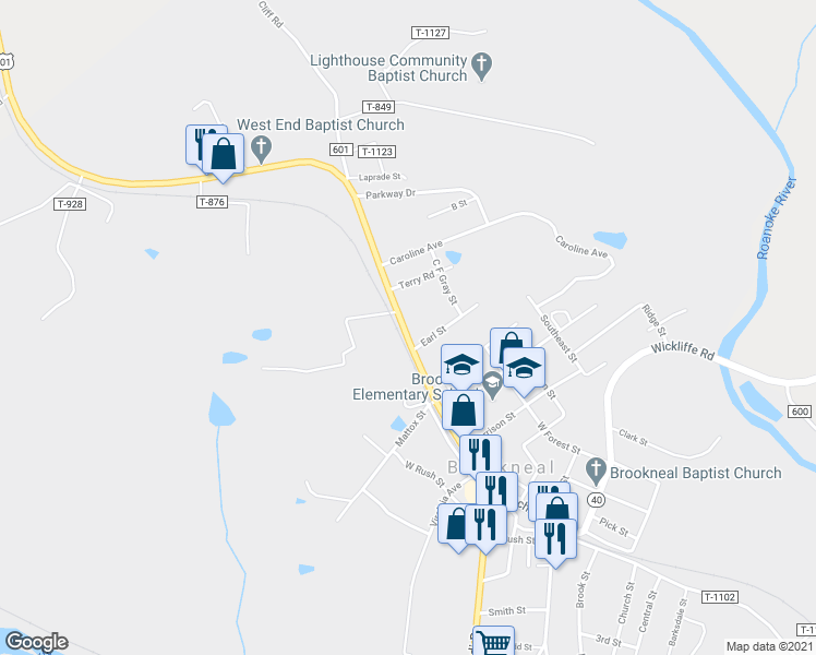 map of restaurants, bars, coffee shops, grocery stores, and more near 808 Lynchburg Avenue in Brookneal