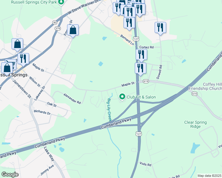 map of restaurants, bars, coffee shops, grocery stores, and more near Maple Street in Russell Springs