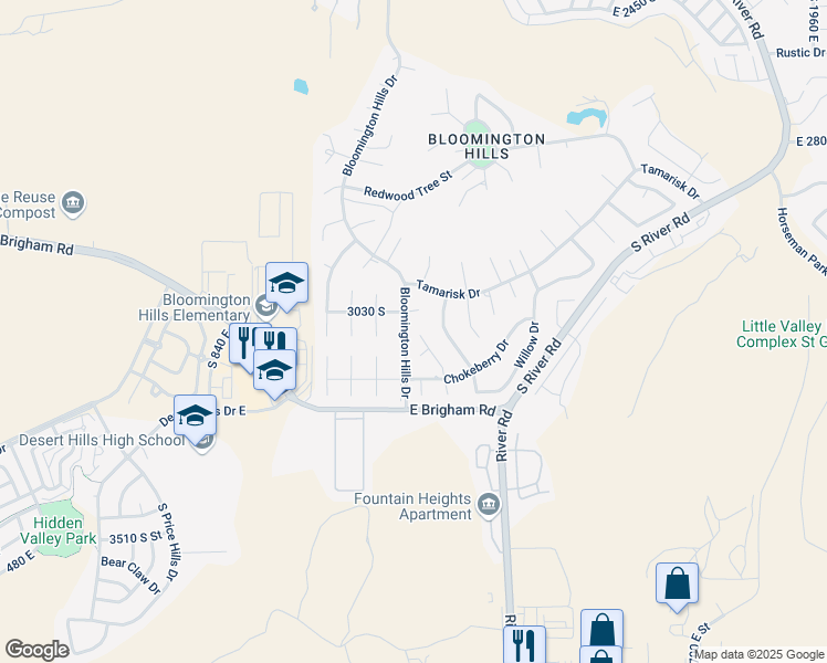 map of restaurants, bars, coffee shops, grocery stores, and more near 3038 Honey Locust Circle in St. George