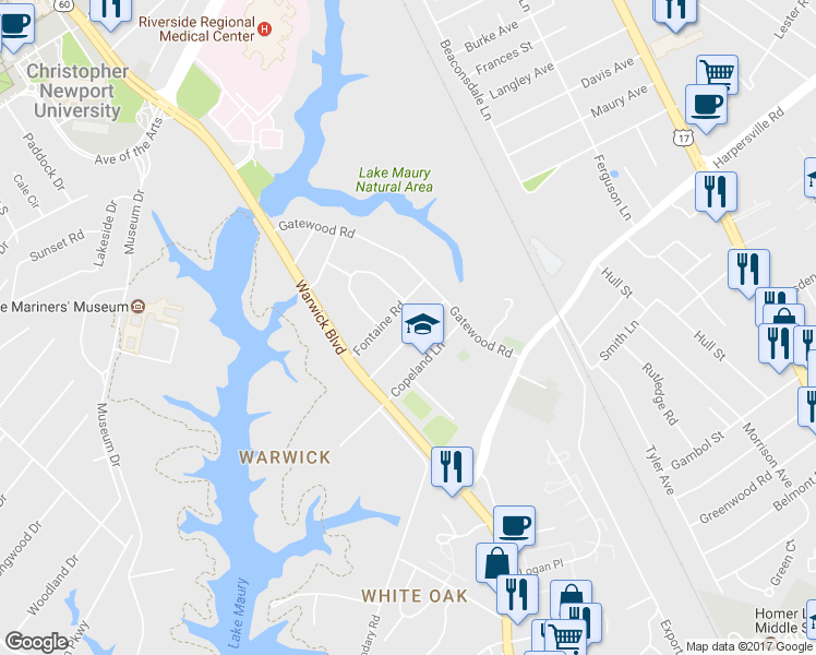 map of restaurants, bars, coffee shops, grocery stores, and more near 36 Hitchens Ln in Newport News