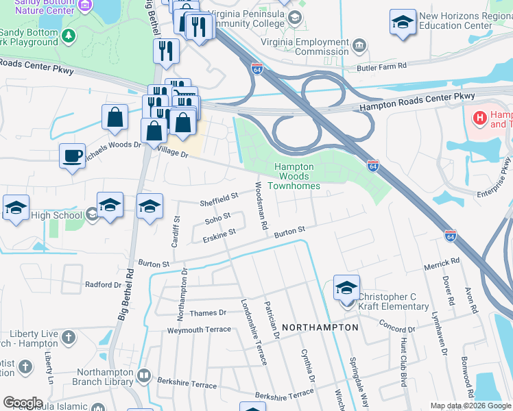 map of restaurants, bars, coffee shops, grocery stores, and more near 17 Woodsman Road in Hampton