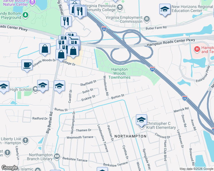 map of restaurants, bars, coffee shops, grocery stores, and more near 16 Woodsman Road in Hampton