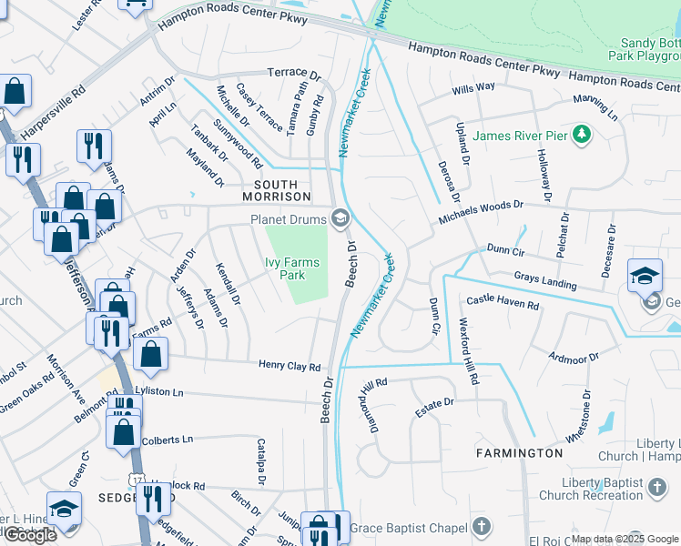 map of restaurants, bars, coffee shops, grocery stores, and more near 577 Beech Drive in Newport News