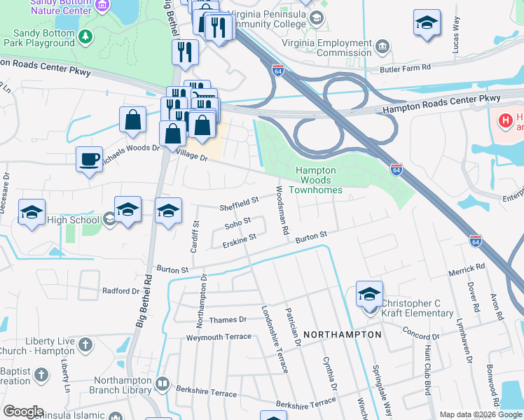 map of restaurants, bars, coffee shops, grocery stores, and more near 702 Soho Street in Hampton