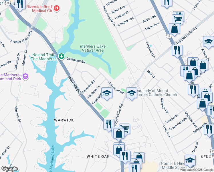 map of restaurants, bars, coffee shops, grocery stores, and more near 10 Copeland Lane in Newport News