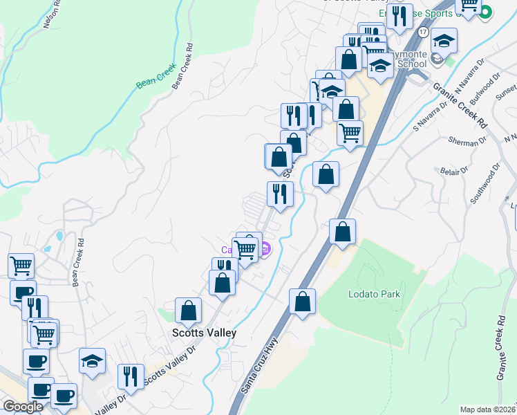 map of restaurants, bars, coffee shops, grocery stores, and more near 5011 Scotts Valley Drive in Scotts Valley