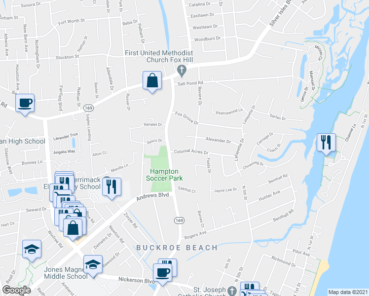 map of restaurants, bars, coffee shops, grocery stores, and more near 9 Colonial Acres Drive in Hampton