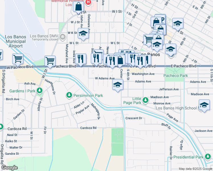 map of restaurants, bars, coffee shops, grocery stores, and more near 1517 South Nevada Avenue in Los Banos