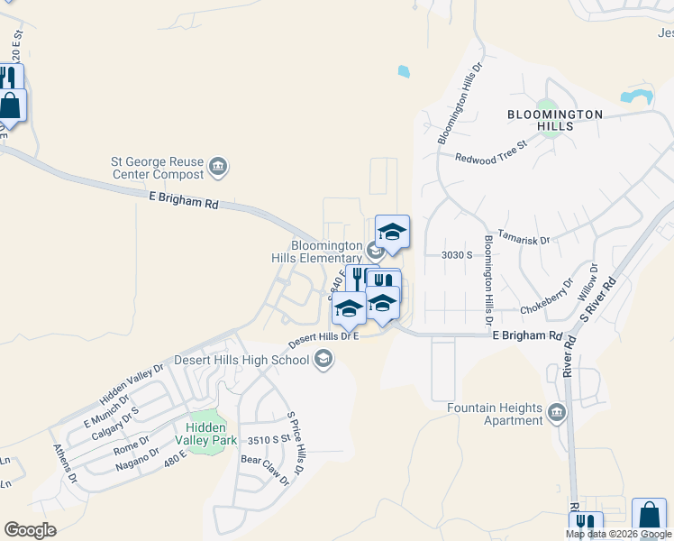 map of restaurants, bars, coffee shops, grocery stores, and more near 3155 South Hidden Valley Drive in St. George