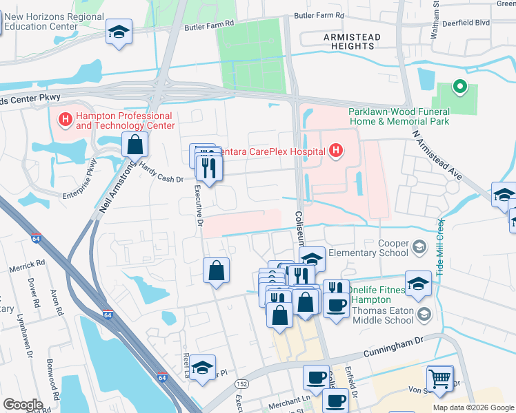 map of restaurants, bars, coffee shops, grocery stores, and more near 1341 Peabody Dr in Hampton