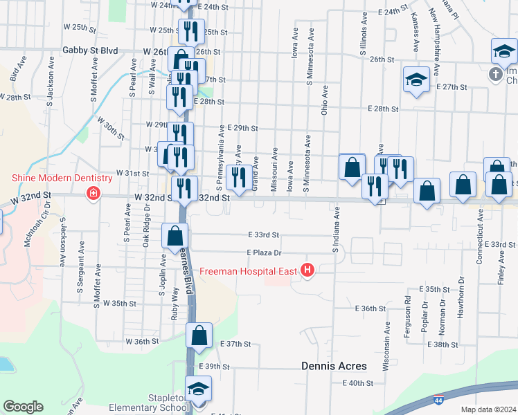 map of restaurants, bars, coffee shops, grocery stores, and more near South Grand in Joplin