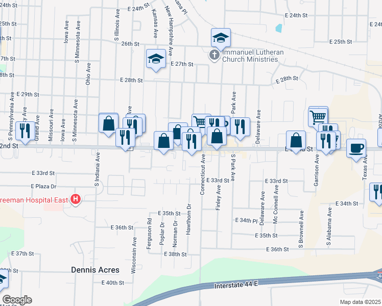 map of restaurants, bars, coffee shops, grocery stores, and more near 1710 East 32nd Street in Joplin