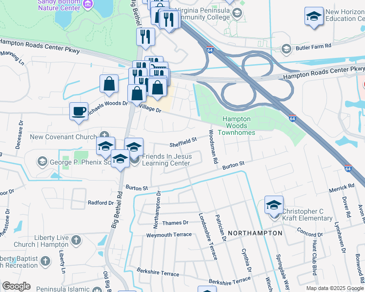 map of restaurants, bars, coffee shops, grocery stores, and more near 823 Sheffield Street in Hampton