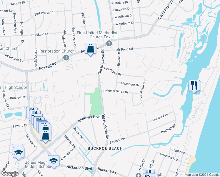 map of restaurants, bars, coffee shops, grocery stores, and more near 9 Colonial Acres Drive in Hampton