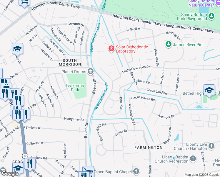 map of restaurants, bars, coffee shops, grocery stores, and more near 411 Dunn Cir in Hampton