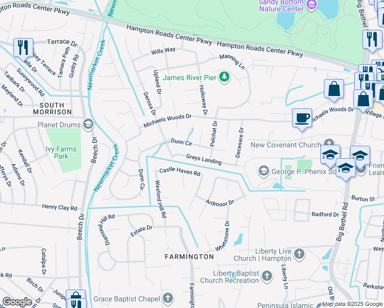 map of restaurants, bars, coffee shops, grocery stores, and more near 114 Grays Landing in Hampton