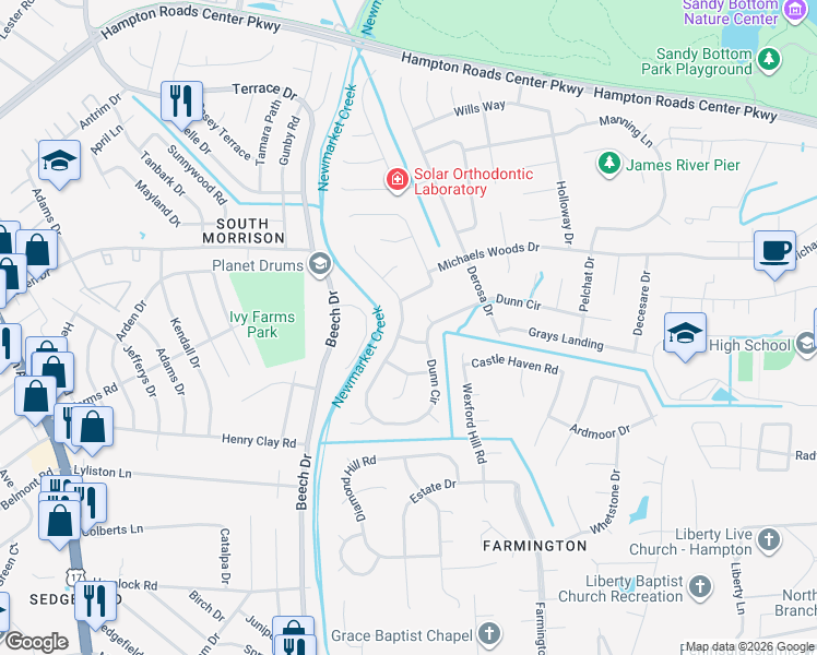 map of restaurants, bars, coffee shops, grocery stores, and more near 411 Dunn Circle in Hampton