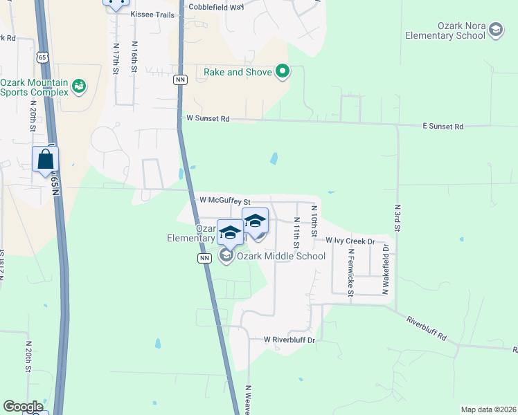 map of restaurants, bars, coffee shops, grocery stores, and more near 1208 McGuffey Street in Ozark
