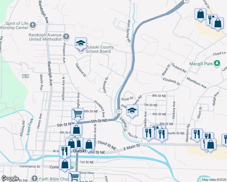 map of restaurants, bars, coffee shops, grocery stores, and more near 801-899 Monroe Avenue in Pulaski
