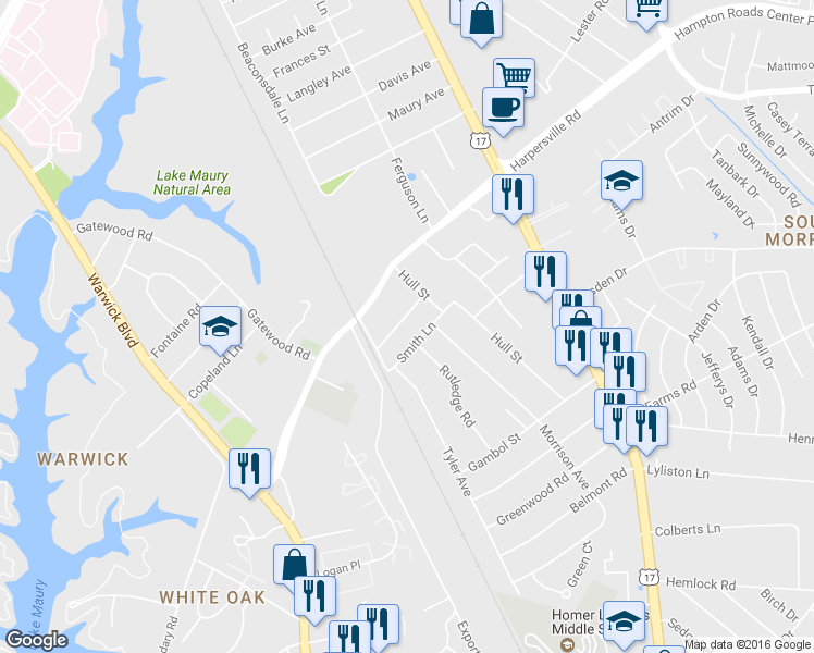 map of restaurants, bars, coffee shops, grocery stores, and more near 12 Belinda Drive in Newport News