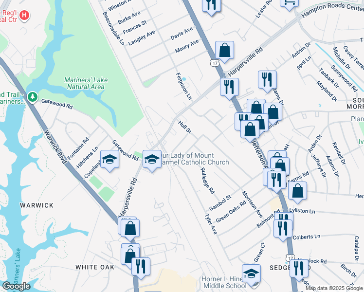map of restaurants, bars, coffee shops, grocery stores, and more near 12 Belinda Drive in Newport News