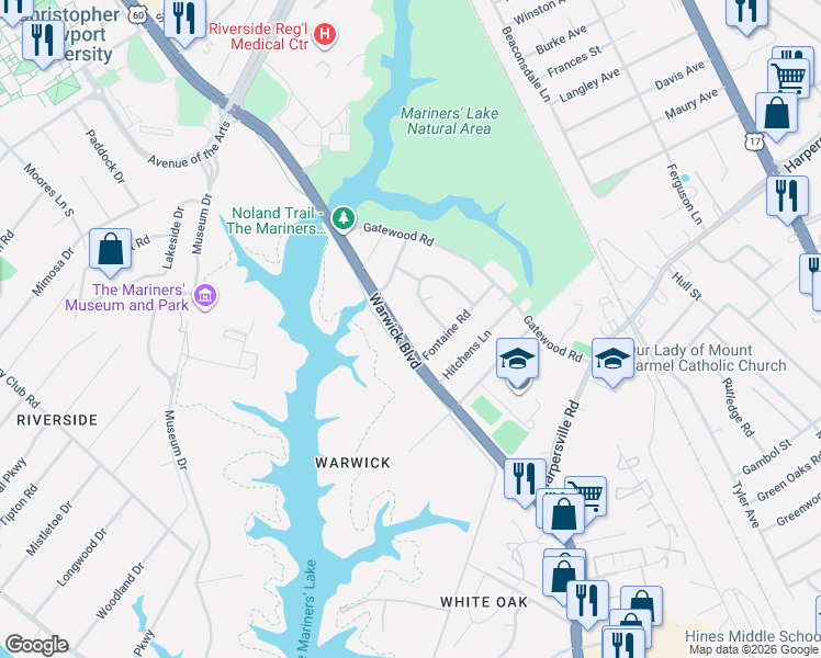 map of restaurants, bars, coffee shops, grocery stores, and more near 11506 Warwick Boulevard in Newport News