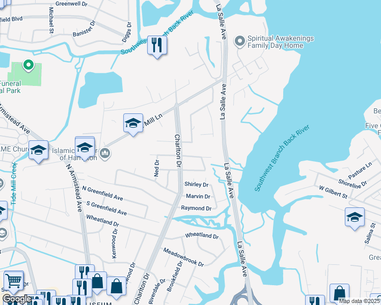 map of restaurants, bars, coffee shops, grocery stores, and more near 10 Bramston Drive in Hampton