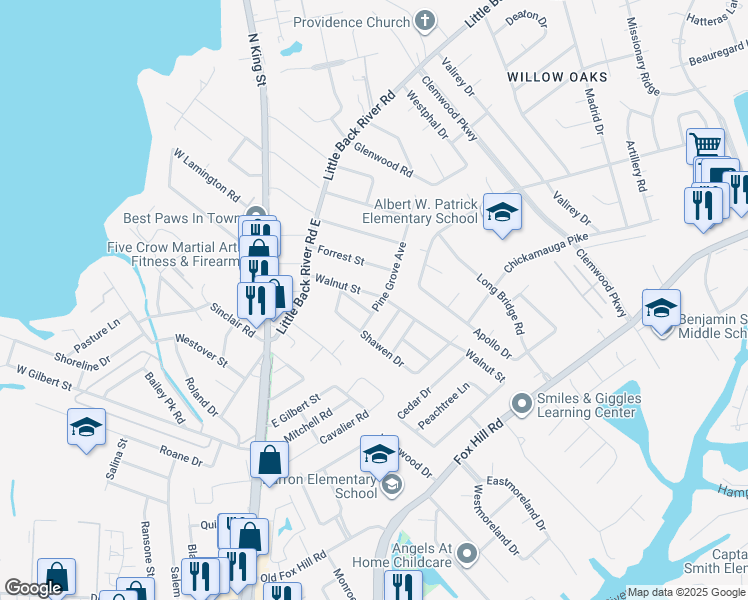 map of restaurants, bars, coffee shops, grocery stores, and more near 111 Pine Grove Avenue in Hampton