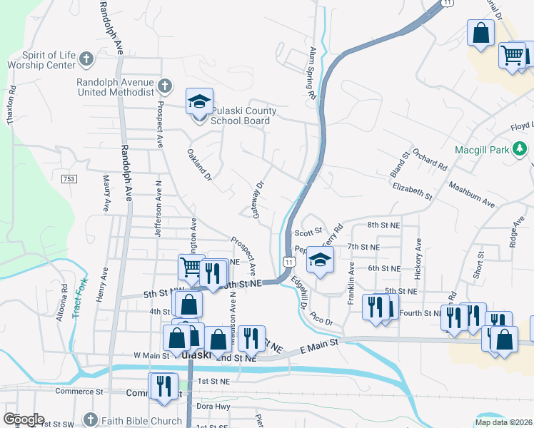 map of restaurants, bars, coffee shops, grocery stores, and more near 801 Monroe Avenue in Pulaski