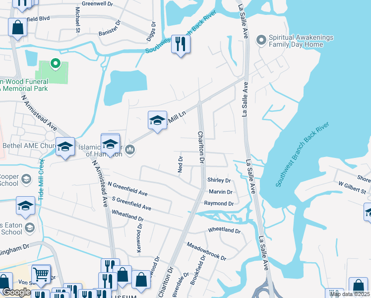 map of restaurants, bars, coffee shops, grocery stores, and more near 108 Bramston Drive in Hampton
