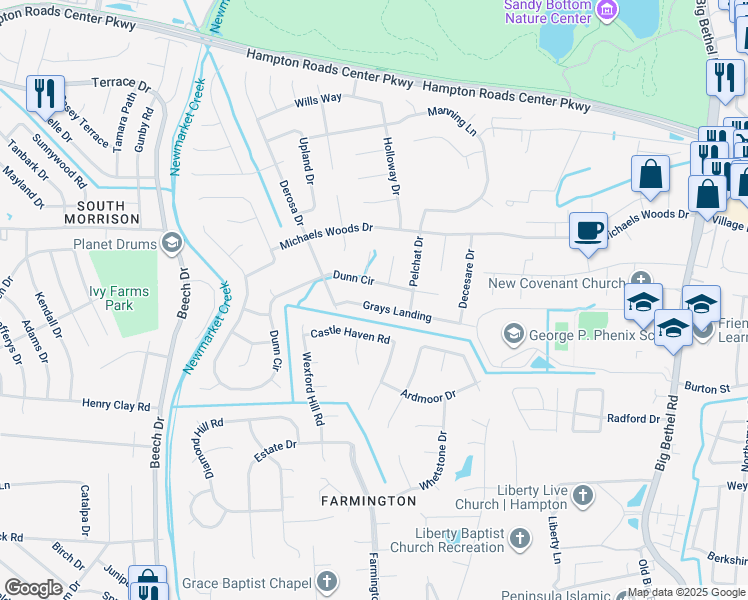 map of restaurants, bars, coffee shops, grocery stores, and more near 114 Grays Landing in Hampton