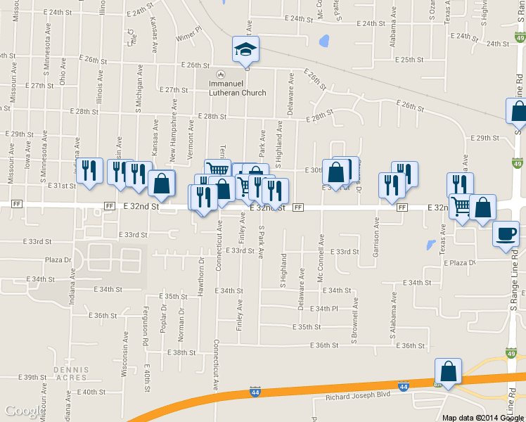 map of restaurants, bars, coffee shops, grocery stores, and more near 3226 S Park Ave in Joplin