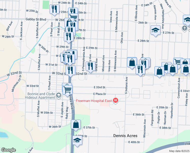 map of restaurants, bars, coffee shops, grocery stores, and more near 500 East 32nd Street in Joplin