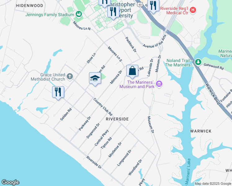 map of restaurants, bars, coffee shops, grocery stores, and more near 316 Parkway Drive in Newport News