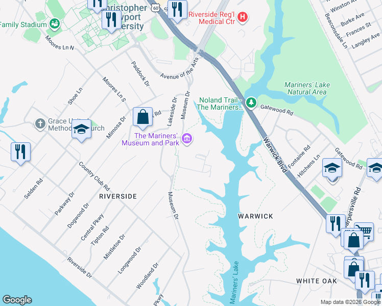 map of restaurants, bars, coffee shops, grocery stores, and more near The Noland Trail in Newport News