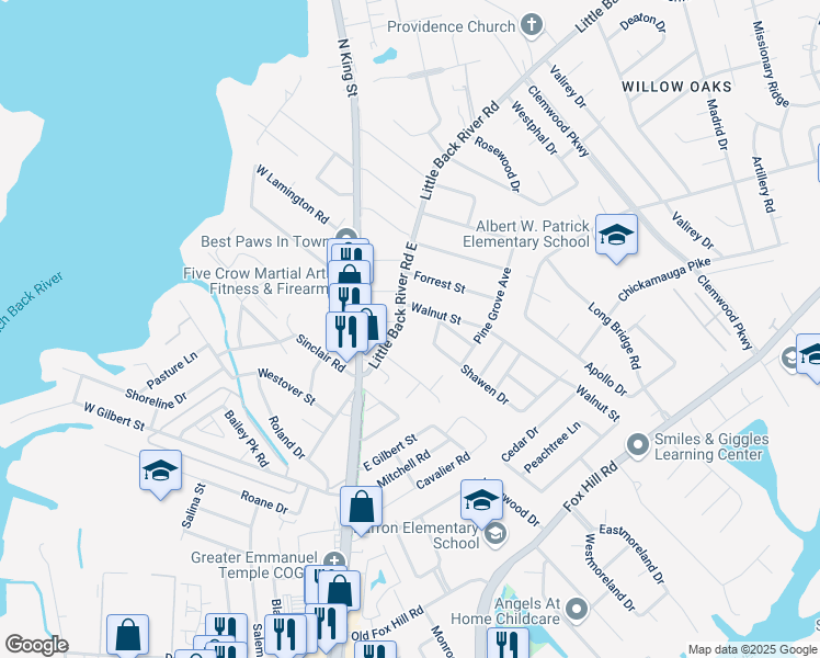 map of restaurants, bars, coffee shops, grocery stores, and more near 118 Little Back River Road in Hampton