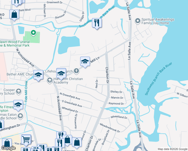 map of restaurants, bars, coffee shops, grocery stores, and more near 114 Bramston Drive in Hampton