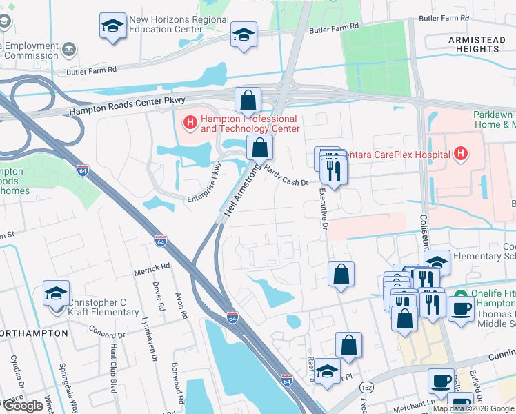 map of restaurants, bars, coffee shops, grocery stores, and more near 15 Terri Sue Court in Hampton