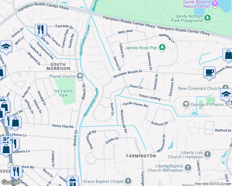 map of restaurants, bars, coffee shops, grocery stores, and more near 203 Dunn Circle in Hampton