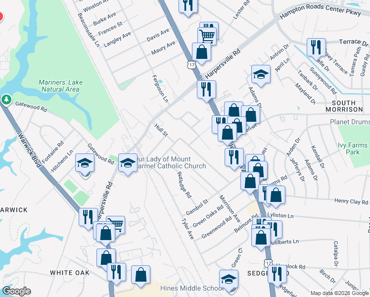 map of restaurants, bars, coffee shops, grocery stores, and more near 104 Hull Street in Newport News